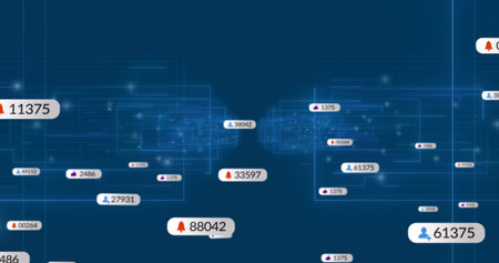 Showing bell icon 88042 hovering over analytics dashboard grid, featuring user and thumbs-up icons....