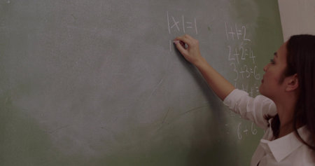 Writing teacher solving absolute value equation on green chalkboard holding white chalk, copy space. Educator, instruction, academic, learning, classroom, minimalist, educationalの写真素材