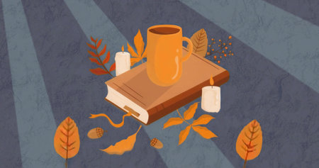 Floating hardcover book with orange mug in grey-blue space, with lit candles, autumn leaves, acorns. Still life, autumn, cozy, textured, warm, serenity, seasonalの写真素材