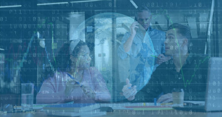 Three professionals in business attire discussing data in conference room, with binary code overlay. Corporate, teamwork, innovation, digital, presentation, modern, analyticsの写真素材