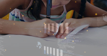 Leaning braided girl gripping black pen over notebook at desk at home, with tech-inspired overlay....