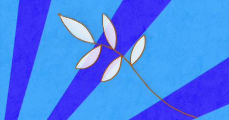 Floating slender brown branch drifting diagonally in radial blue backdrop, with seven white leaves. Botanical, minimalism, vector, nature, abstract, design, serenityの写真素材