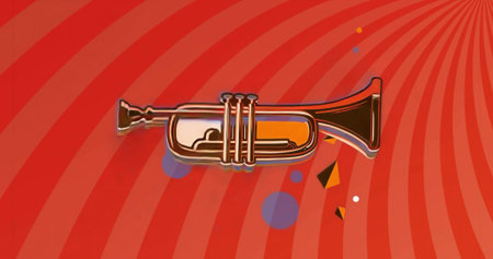 Displaying brass trumpet lying on red graphic backdrop with blue circles and yellow black triangles....