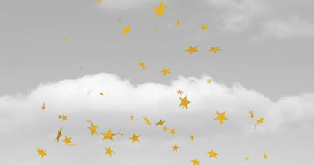 Floating metallic golden star shapes drifting above dense white cloud layer in aerial view, dream....