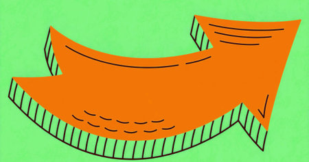 Curving orange arrow pointing right on lime green backdrop, showing hatch shading and accent dashes. Abstract, graphic design, vibrancy, direction, modern, vector, illustrationの写真素材