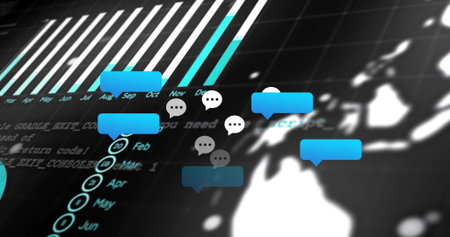 Displaying blue white speech icons floating on screen with bar chart month list code map silhouette. Technology, data, analytics, digital, interface, cybersecurity, networkの写真素材