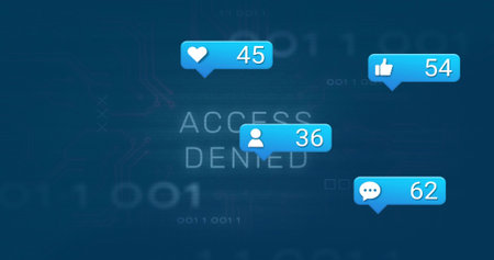 Displaying central ACCESS DENIED message on security interface, with blue notification bubbles. Cybersecurity, digital, futuristic, interface, technology, data, protectionの写真素材