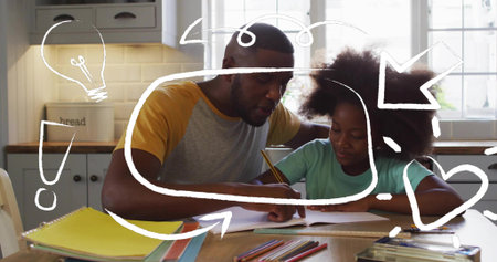 Parent and school-age girl working on homework in kitchen, with notebooks and colored pencils....