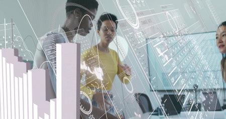 Analyzing bar charts, four women pointing at transparent interface in meeting room with laptops....