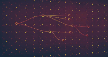 Displaying branching network diagram across digital space, with warm central node, glowing squares....