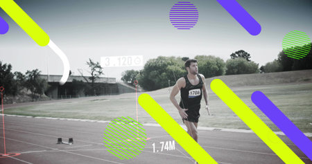 Sprinting athlete with bib1708 carrying baton on red track with digital overlays, copy space....