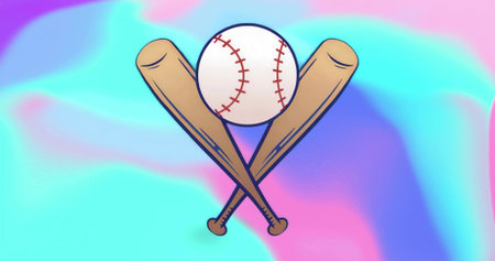 Displaying two wooden baseball bats crossing on pastel gradient, white baseball with red stitching....