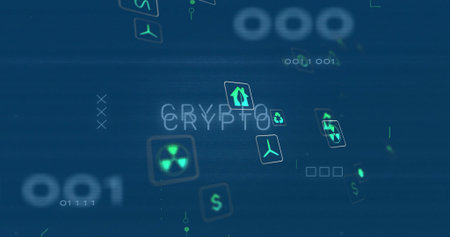 Glowing central text hovering on virtual dashboard, with floating icons and binary numerals....
