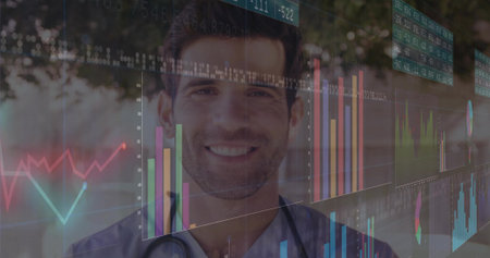Standing physician wearing scrubs and stethoscope viewing digital data overlays on tree-lined path....
