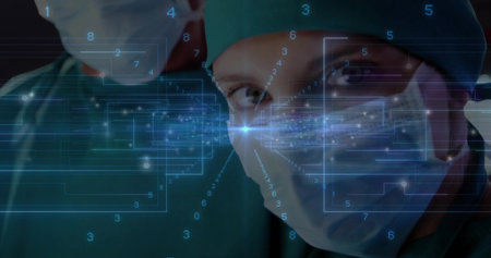 Lead surgeon monitoring AR data overlay in operating room, with surgical caps, masks and scrubs....