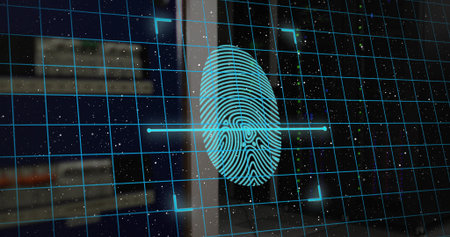 Displaying turquoise fingerprint overlaying blue grid on laptop, biometric scan lines and particles....