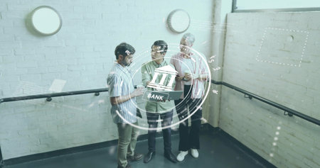 Discussing three professionals using smartphones on stairwell. Technology, collaboration,...
