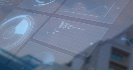 Hovering holographic panels over building facade, displaying line chart, grid panels and radar....