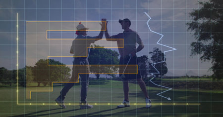 High-fiving golfing partners in polos standing on golf green with yellow bars and falling graph....