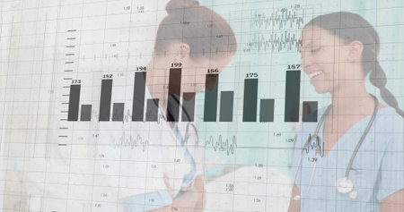 Analyzing metrics, two female doctors in scrubs with stethoscopes in corridor, with data overlay....