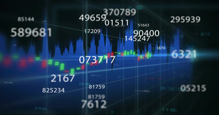 Displaying blue screen featuring glowing candlestick bars and blue line graph, with numeric labels....