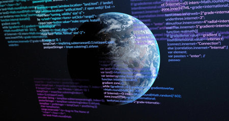 Floating Planet Earth displaying programming code snippets in virtual outer space, code layering....