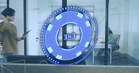 Displaying translucent digital interface overlay in office with glass wall, smartphone and laptop....