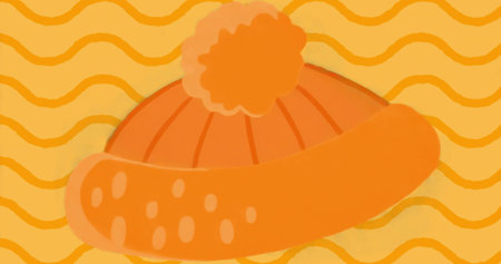 Displaying orange beanie hat with ribbed stitching and dotted cuff accents on yellow-orange pattern. Vibrant, playful, minimalist, fashion, accessory, graphic, boldの写真素材