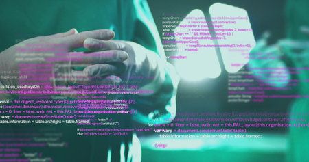 Clasping hands, surgeon in gown and gloves standing in operating room under light, code overlay....