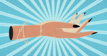 Showing hand and arm reaching across pop art backdrop with black nails and chain bracelets glinting. Graphic illustration, fashion accessories, contemporary design, vibrant paletteの写真素材