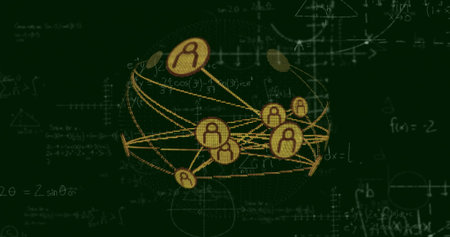 Showing spherical network glowing over green field, with yellow lines, nodes and math formulas....