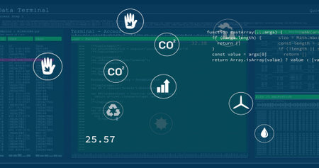 Displaying dashboard with code panels, encryption logs and environmental icons on teal screen....