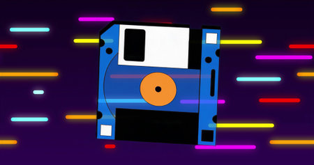 Floating stylized floppy disk gliding across purple digital canvas, with neon color streaks....