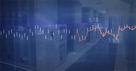 Showing server cabinets flashing LEDs in data center corridor, with orange line candlestick overlay....