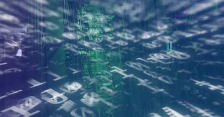Streaming code symbols over rack with green-lit circuit boards and network cables in data center. Cybersecurity, technology, digital, futuristic, innovation, network, circuitryの写真素材