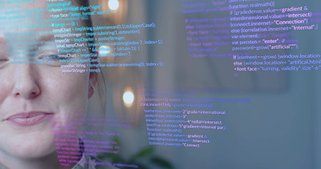 Gazing software developer analyzing code in home workspace, with translucent screen, copy space....