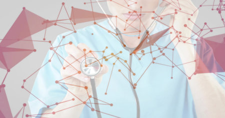 Holding stethoscope doctor in scrubs adjusting ear tip in lab with digital network overlay. Healthcare, medical, technology, telemedicine, digital, professional, innovationの写真素材