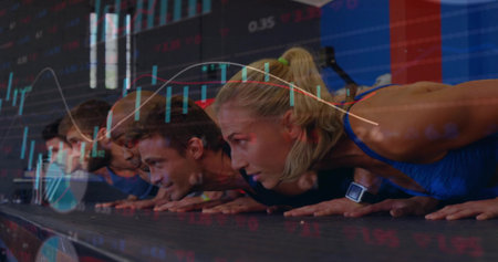 Performing push-ups five-person group on gym flooring, with smartwatch, beams, racks, chart overlay....