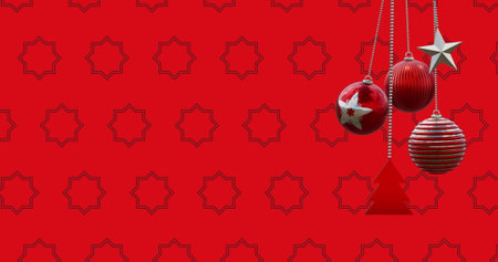 Image of christmas baubles decorations over pattern on red background. Christmas, festivity, celebration and tradition concept digitally generated image.の写真素材