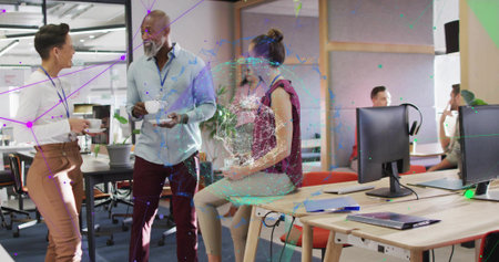 Meeting coworkers discussing tasks at high table in office, with coffee mugs and network overlay. Collaboration, teamwork, professional, innovation, communication, brainstorming, modernの写真素材