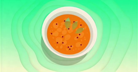 Displaying white ceramic bowl holding orange soup over green backdrop, including leaf and dark bits. Minimalist, vibrant, abstract, culinary, wellness, freshness, nourishmentの写真素材