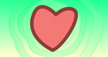 Showing stylized red heart outlined dark brown hovering over green contours on pale yellow gradient. Love, health, wellness, vitality, abstract, graphic, emotionの写真素材