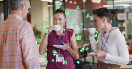 Networking woman wearing blouse lanyard holding coffee cup in co-working space with network icons....