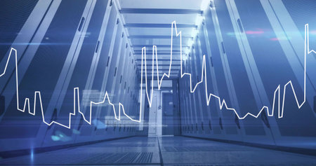 Highlighting data center corridor showcasing server racks, with digital line graph overlay....