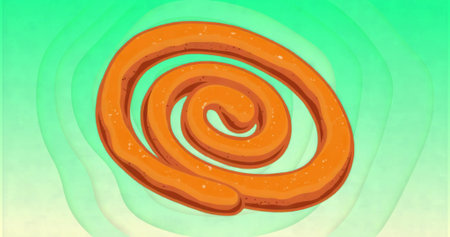 floating thick orange spiral tube forming coil against mint green gradient, with speckled texture. Abstract, geometric, vibrant, modern, minimalistic, dynamic, fluidの写真素材