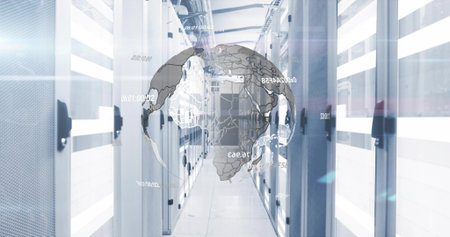 Floating 3D digital globe displaying data overlays in server room aisle, with racks, cable trays....