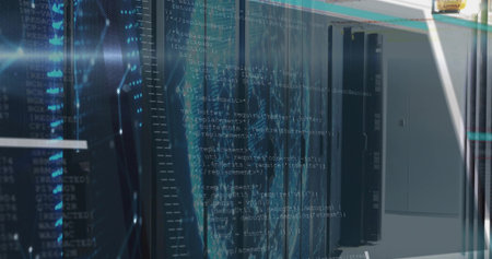 Server racks showing cables and LEDs in data center aisle, glass reflecting overlaid code and panel. Technology, data center, networking, digital, infrastructure, futuristic, industrialの写真素材