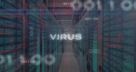Floating white text overlay hovering across data center corridor, with server racks. Technology, cybersecurity, data protection, digital infrastructure, industrial design, network securityの写真素材