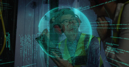 Mature man speaking on red handset amid server racks in network room, with holographic globe....