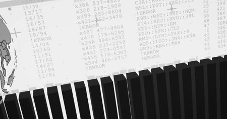 Stylized globe showing alphanumeric codes, !ERROR strings, black bars in dashboard, copy space. Abstract, data visualization, digital interface, technological, futuristic, minimalistic, cybersecurityの写真素材